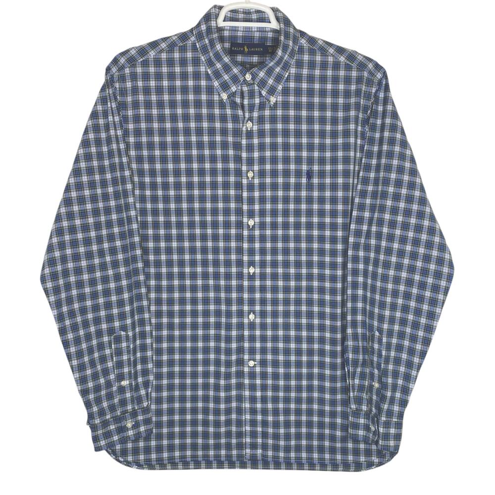 Ralph Lauren Plaid Shirt Blue Classic Button Up Pony Mens Size 17.5 XL Preppy